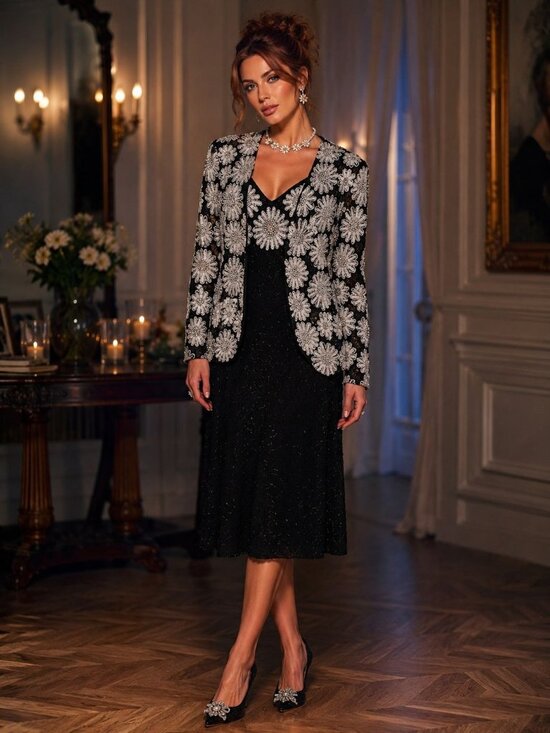 Handmade Dresses & Skirts - Pure Silk Black White Floral Hand Beaded Women M Vintage Evening Dress & Jacket